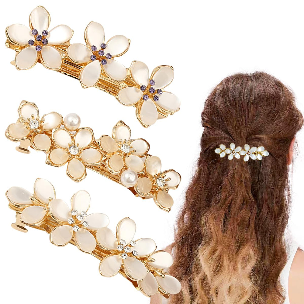 GeoGeoDIY front view of three flower hair clips showing floral design and sparkle benefit