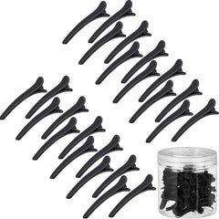 Geosar front view of 24 black duckbill clips in clear container showing organized storage benefit