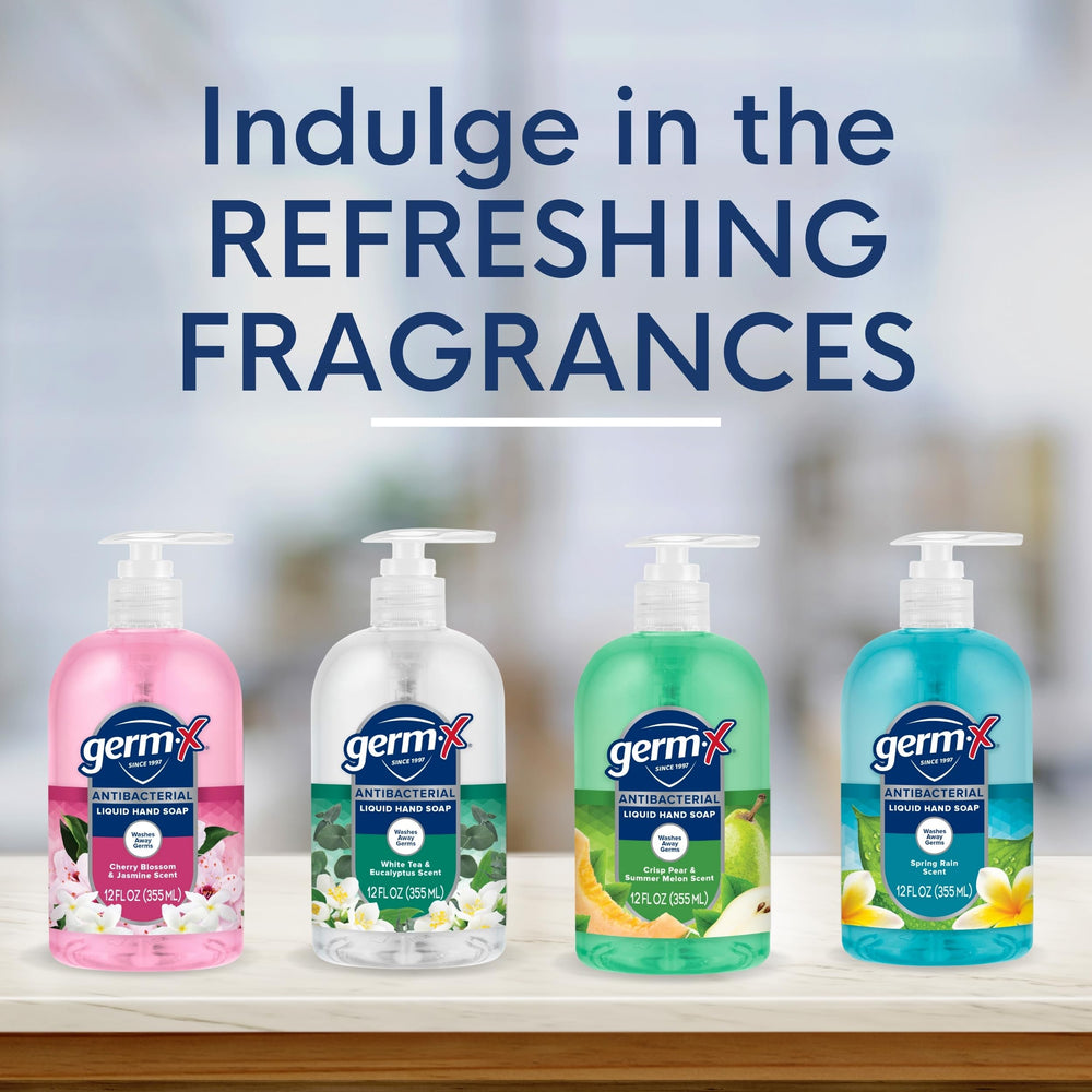 Germ-X bottles arranged on a bathroom vanity offering reliable hand care
