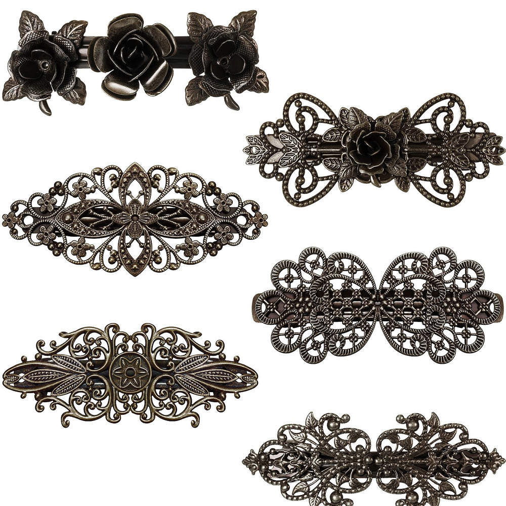 Geyoga front packaging showing six vintage bronze flower barrettes, elegant gift appeal