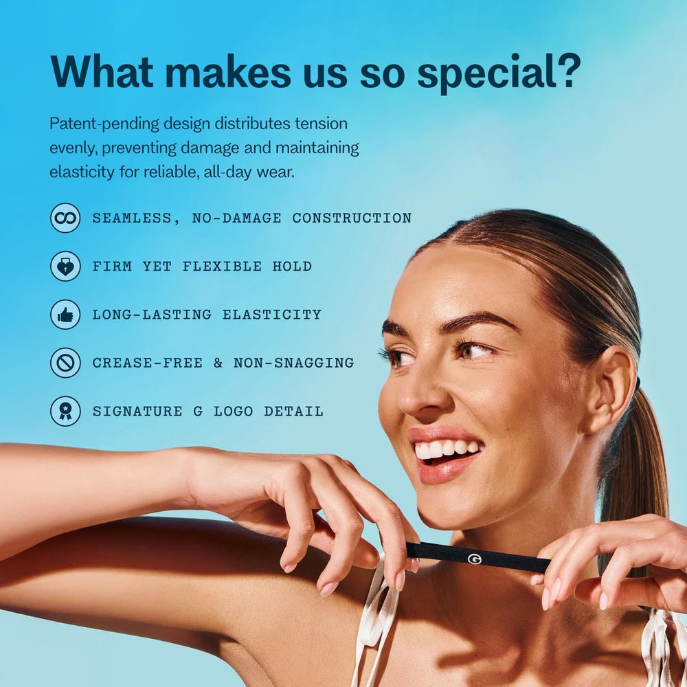 GIMME band in a high ponytail, demonstrating firm hold without creasing benefit