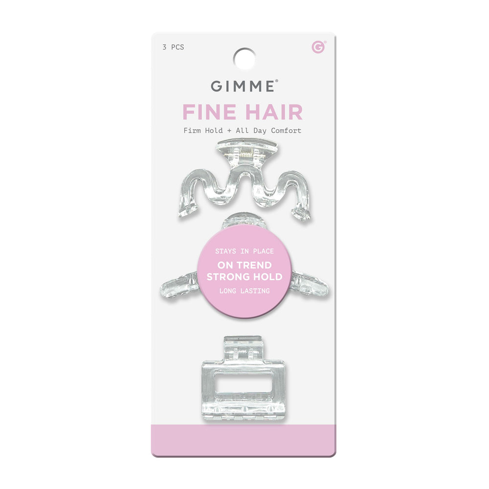 GIMME front packaging showing three clear mini claw clips, easy selection