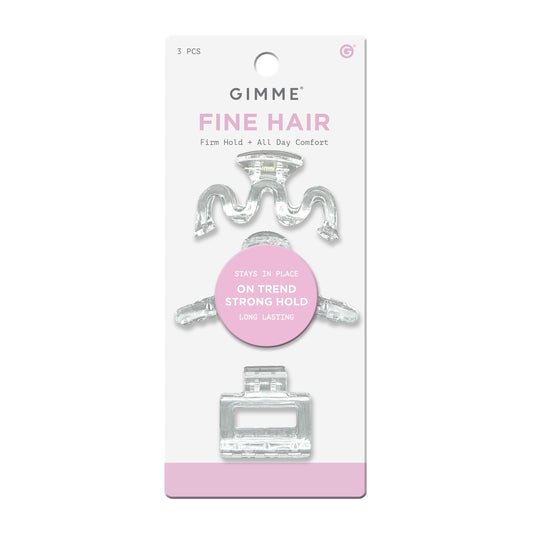 GIMME front packaging showing three clear mini claw clips, easy selection