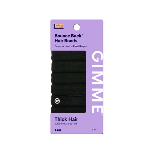 GIMME front packaging showing six black strong hair bands and tidy presentation