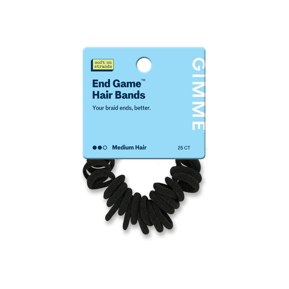 GIMME front packaging showing 25 black braid end bands and product name benefits