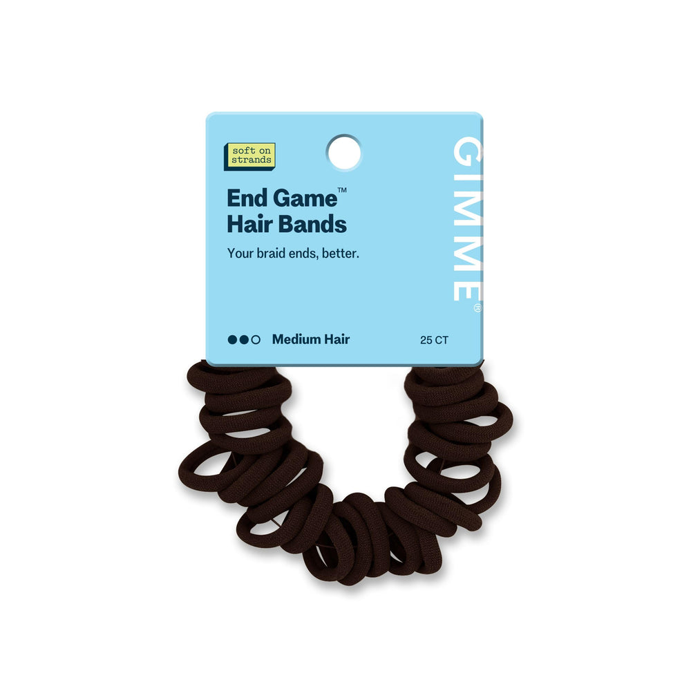 GIMME front packaging showing 25 dark brown braid end bands and brand clarity benefit