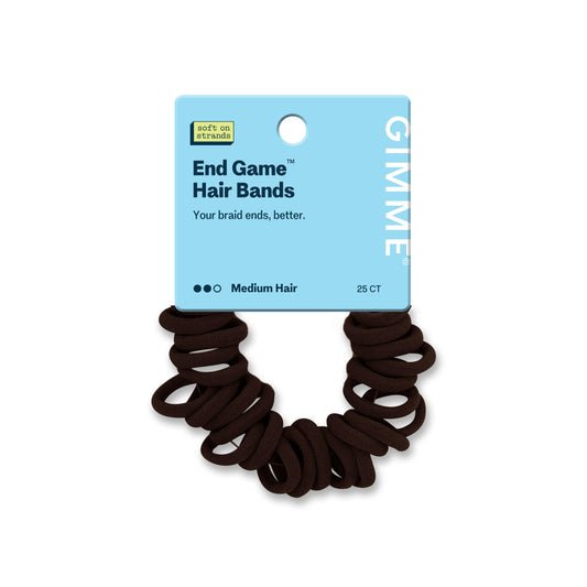 GIMME front packaging showing 25 dark brown braid end bands and brand clarity benefit