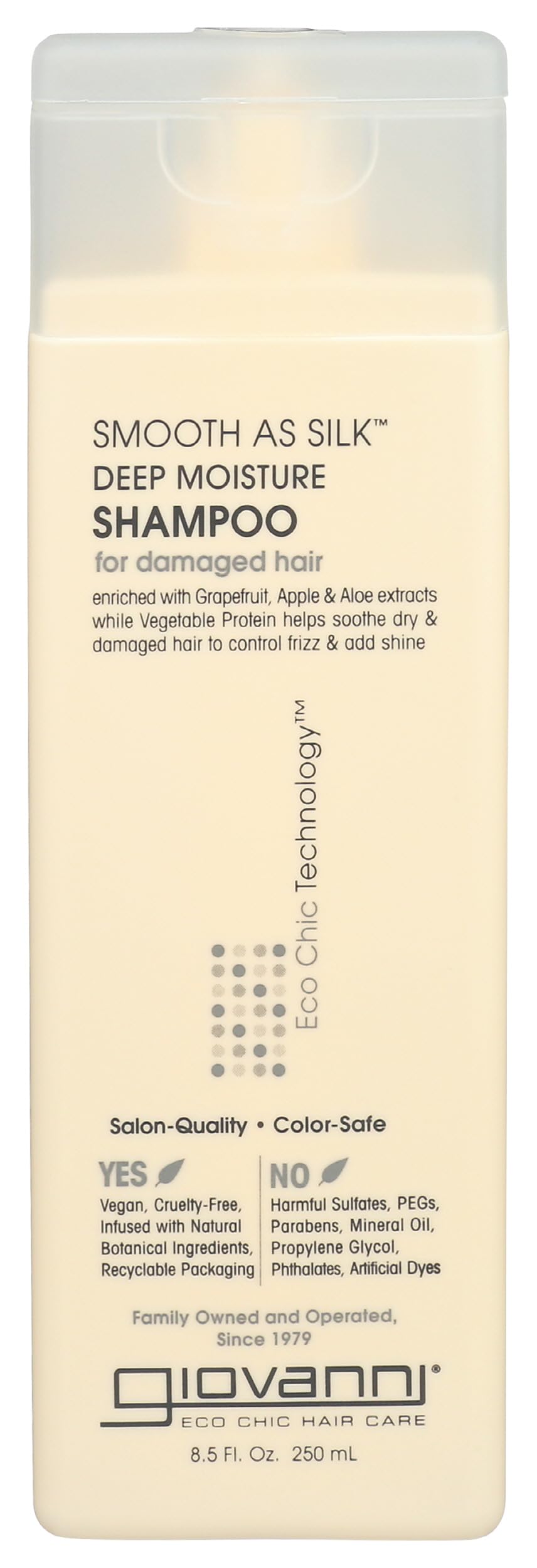 GIOVANNI bottle front view showing product and clear branding benefits