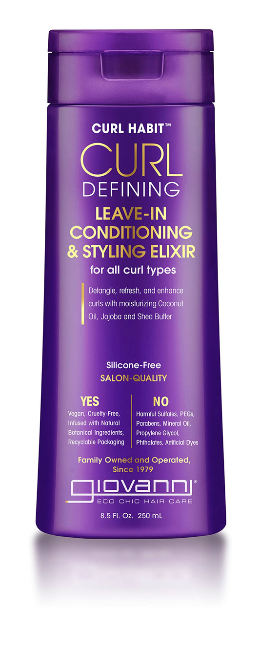 GIOVANNI front bottle showing Curl Habit elixir and benefits