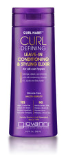 GIOVANNI front bottle showing Curl Habit elixir and benefits