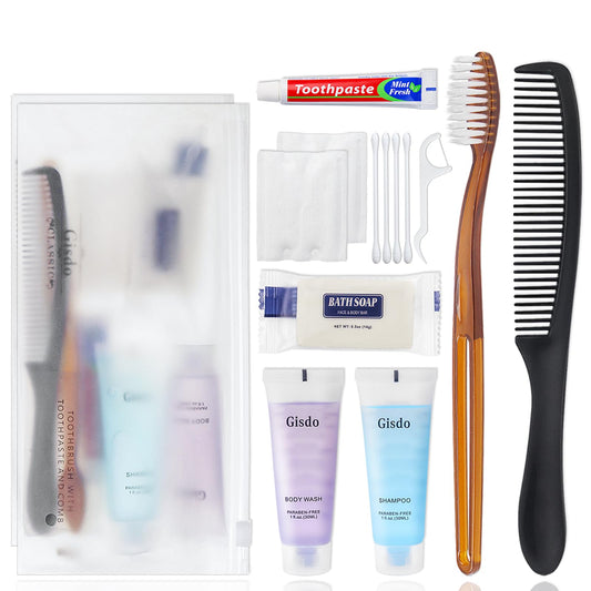 Gisdo front packaging shows 50 sealed toiletry kits, ideal for quick distribution