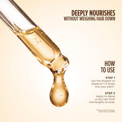 Gisou oil drop on hair strand illustrating smoothing texture and shine benefit