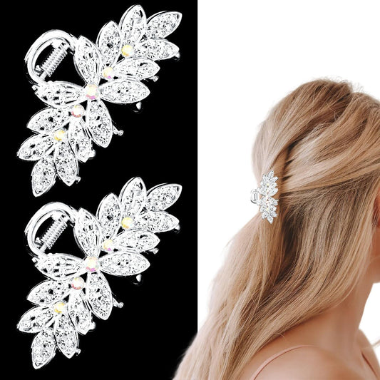 GIYAWA front view of silver rhinestone flower clips, adds elegant sparkle