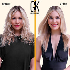 GK HAIR bottle close-up highlighting the keratin formula and easy dispensing