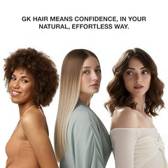 GK HAIR bottles styled on bathroom shelf suggesting salon-quality routine