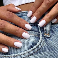 GLAMERMAID front packaging showing pure white short press-on nails and benefits