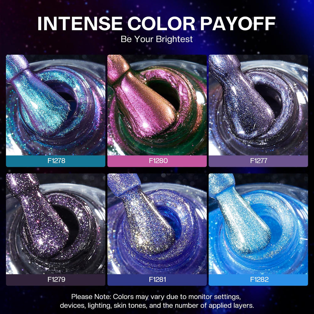 Glamonade bottle lineup displaying six unique chameleon and glitter colors