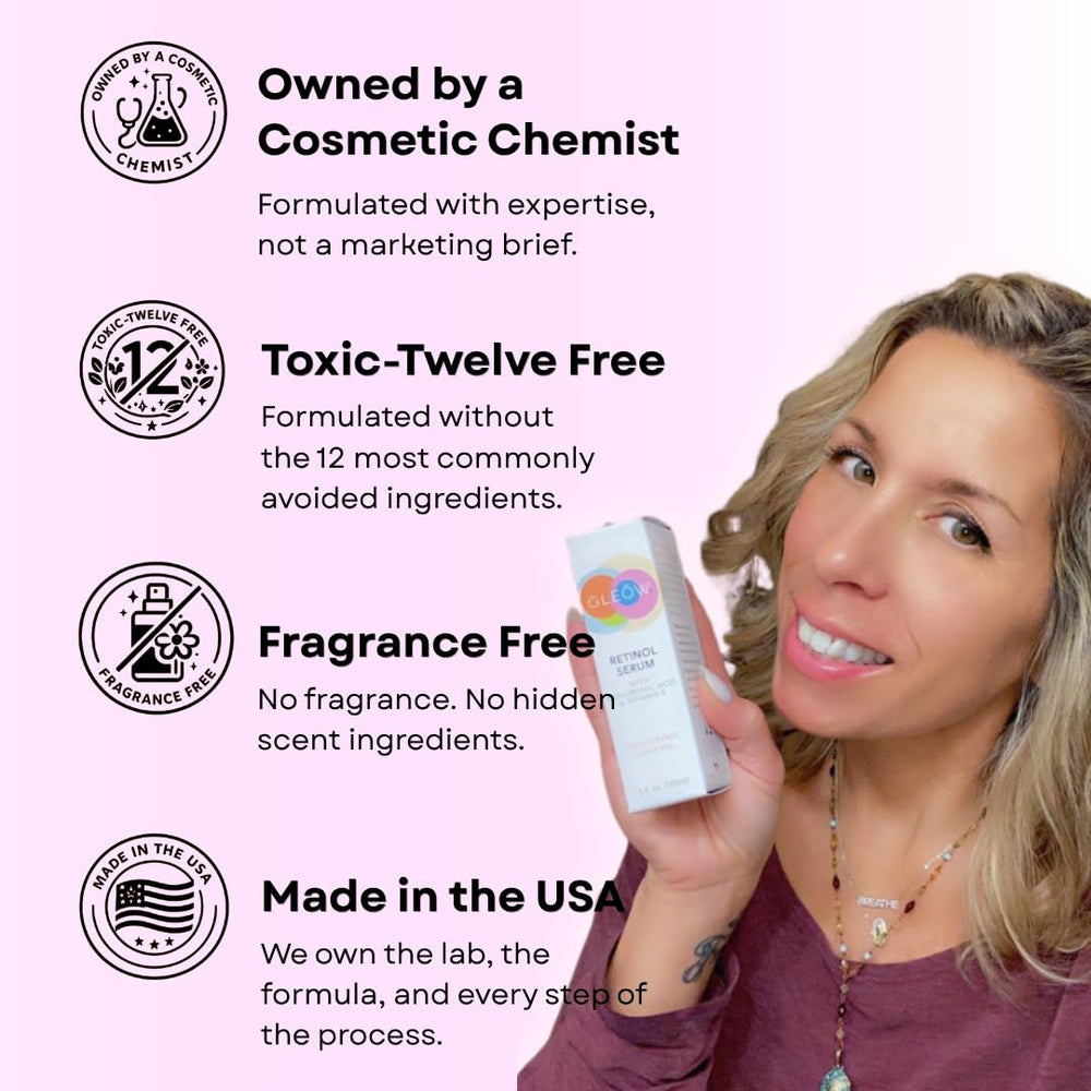 GLEOW serum styled on bathroom counter suggesting nightly routine
