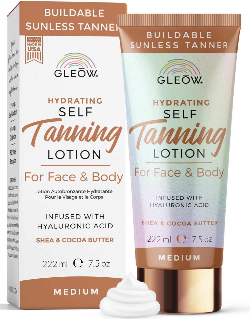 GLEOW front tube showing product packaging and size benefit: clear branding and easy dispensing