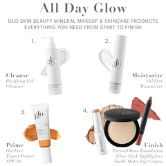 Glo Skin Beauty bottle next to measuring scale illustrating 6.7 fl oz size