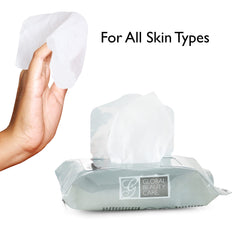 Global Beauty Care wipes beside a makeup bag for travel-ready convenience