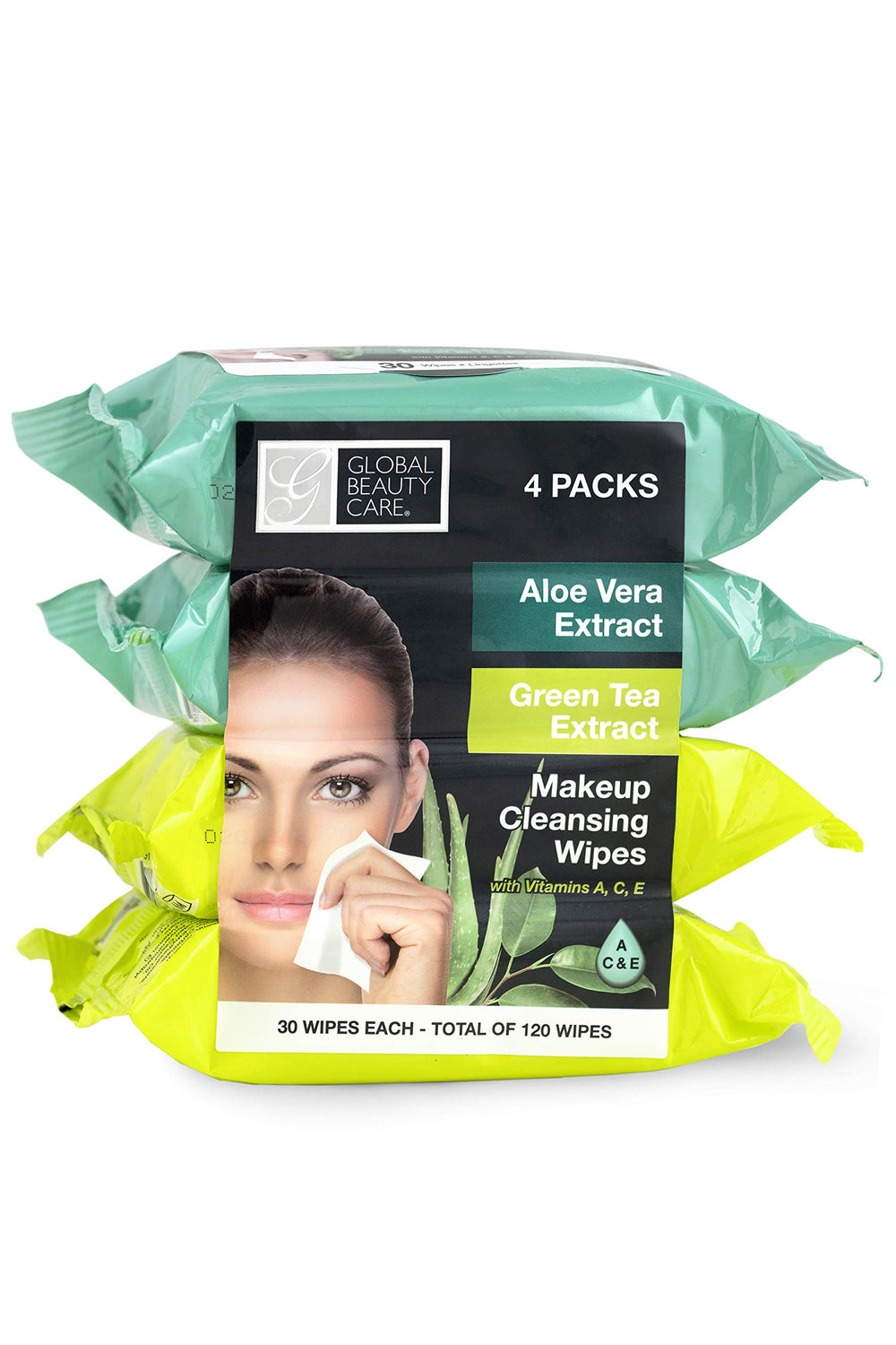 Global Beauty Care front packaging showing four resealable 30-count wipe packs for convenience