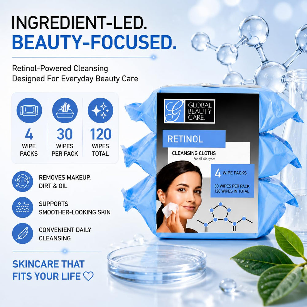 Global Beauty Care wipe on nightstand next to cleanser, simplifies evening skincare routine benefit