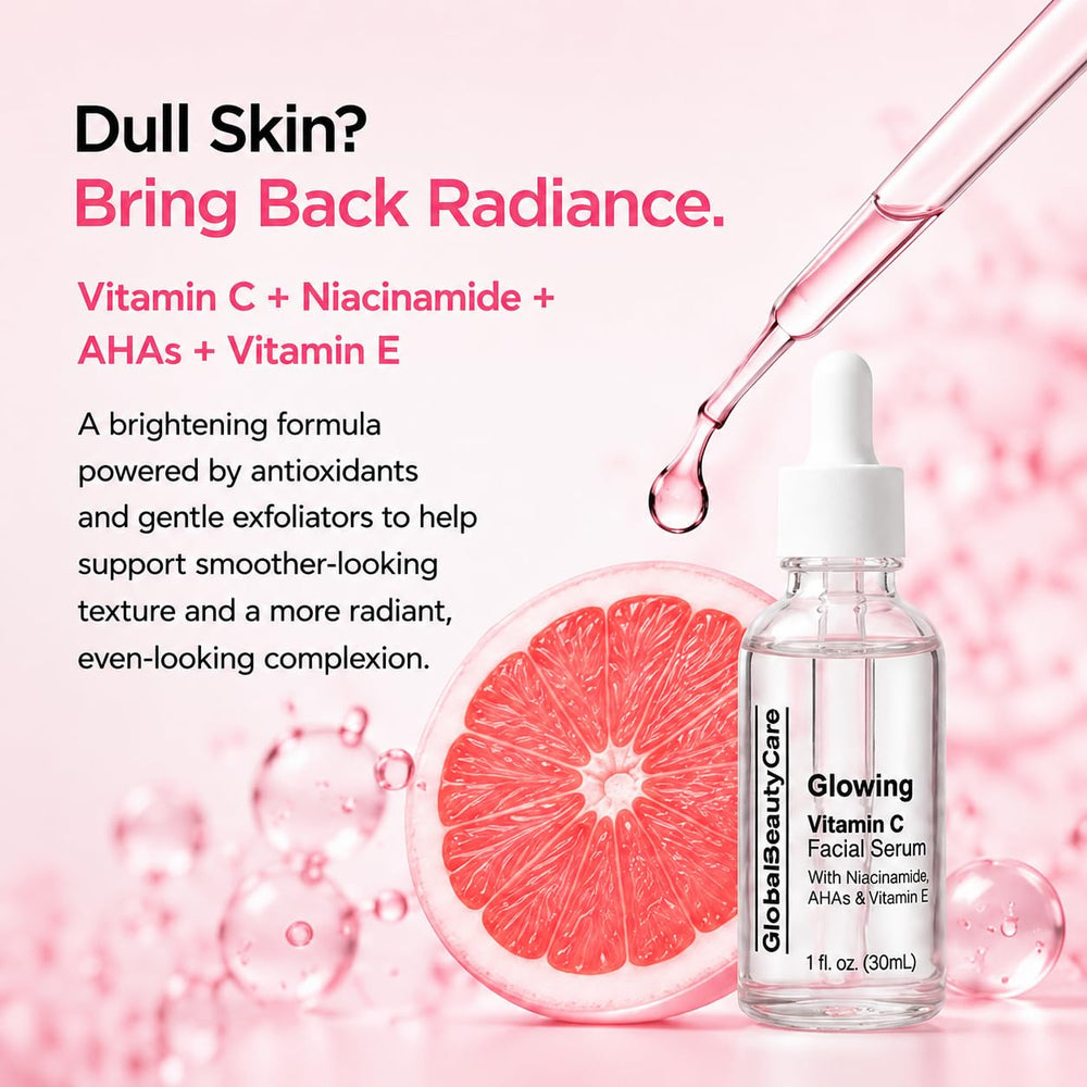 Global Beauty Care serum on bathroom shelf as part of daily routine