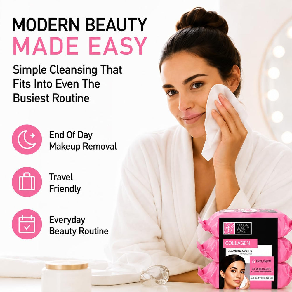 Global Beauty Care travel-ready packs inside a bag, perfect on-the-go cleansing