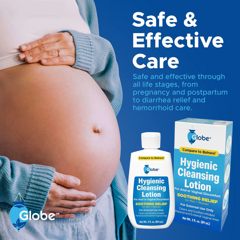 Globe label and ingredient panel emphasizing pharma-grade production