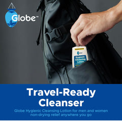Globe lotion staged in bathroom to suggest everyday personal care routine