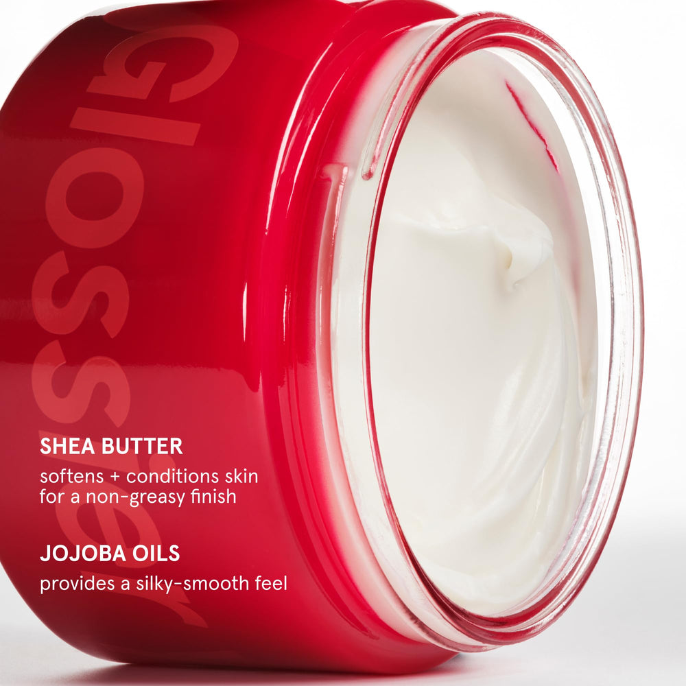 Glossier shea butter and jojoba oil ingredients, emphasizes nourishing hydration benefits