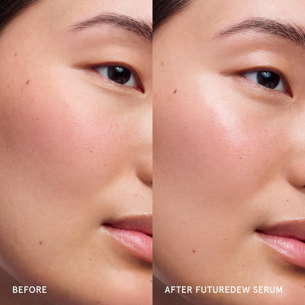 Glossier Futuredew next to ruler showing 1 fl oz size convenience