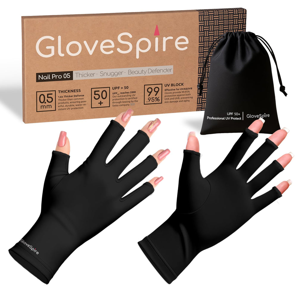 GloveSpire front packaging showing XS black gloves and pouch, protective convenience