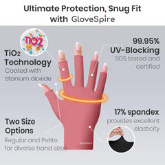 GloveSpire size scale with hand demonstrating snug fit and fingertip freedom benefit