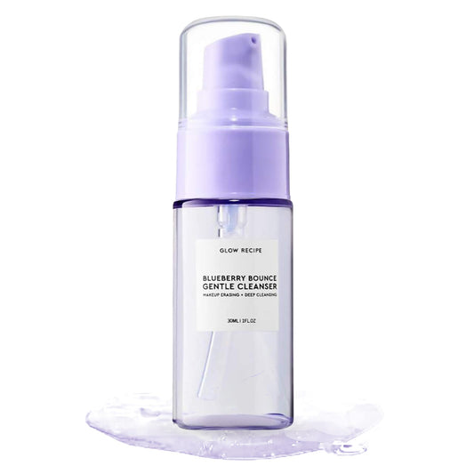 Glow Recipe travel-size bottle front view showing compact, portable cleanser