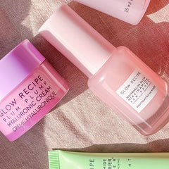 Glow Recipe set styled on bathroom shelf illustrating daily-use aesthetic and accessibility