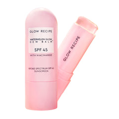 Glow Recipe sunscreen stick front packaging showing SPF 45 and travel size benefits