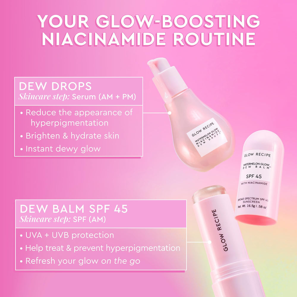 Model showing Glow Recipe sunscreen stick on face before and after for luminous glow