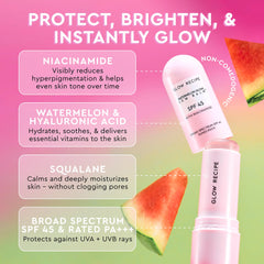 Close-up of Glow Recipe sunscreen stick texture highlighting dewy, translucent finish