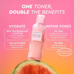 Glow Recipe toner in hand being pressed into skin for smooth texture benefits