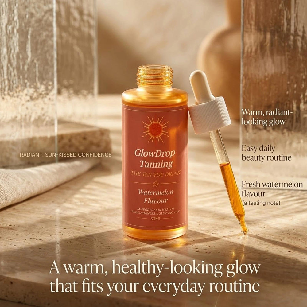 GlowDrop Tanning dropper dispensing precise drops for controlled tanning