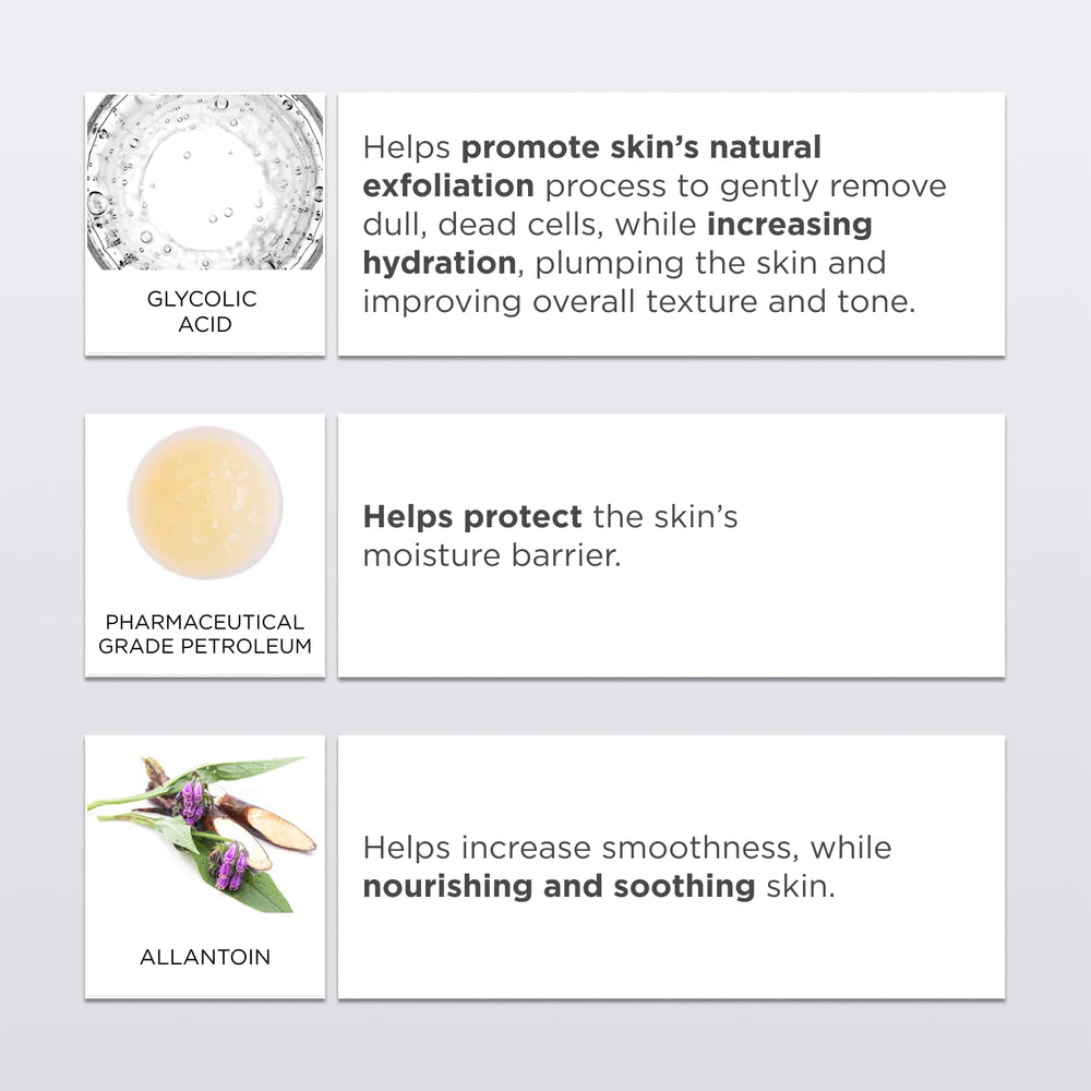 GLYTONE lotion applied to forearm, demonstrating immediate softening benefit