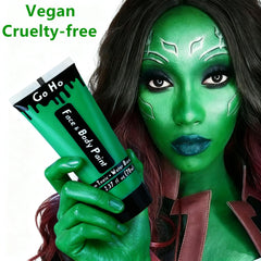 Go Ho cosplay model wearing green makeup for dramatic effect