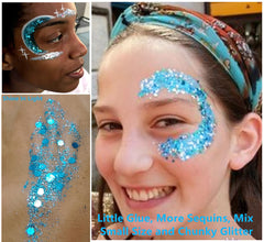 Go Ho face detail with forehead jewels and mermaid shimmer, adds stage-ready sparkle