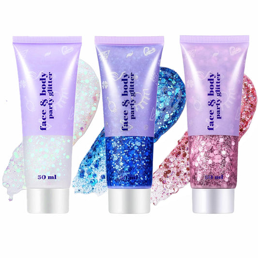 Go Ho front packaging showing three holographic glitter gel jars, great for festivals