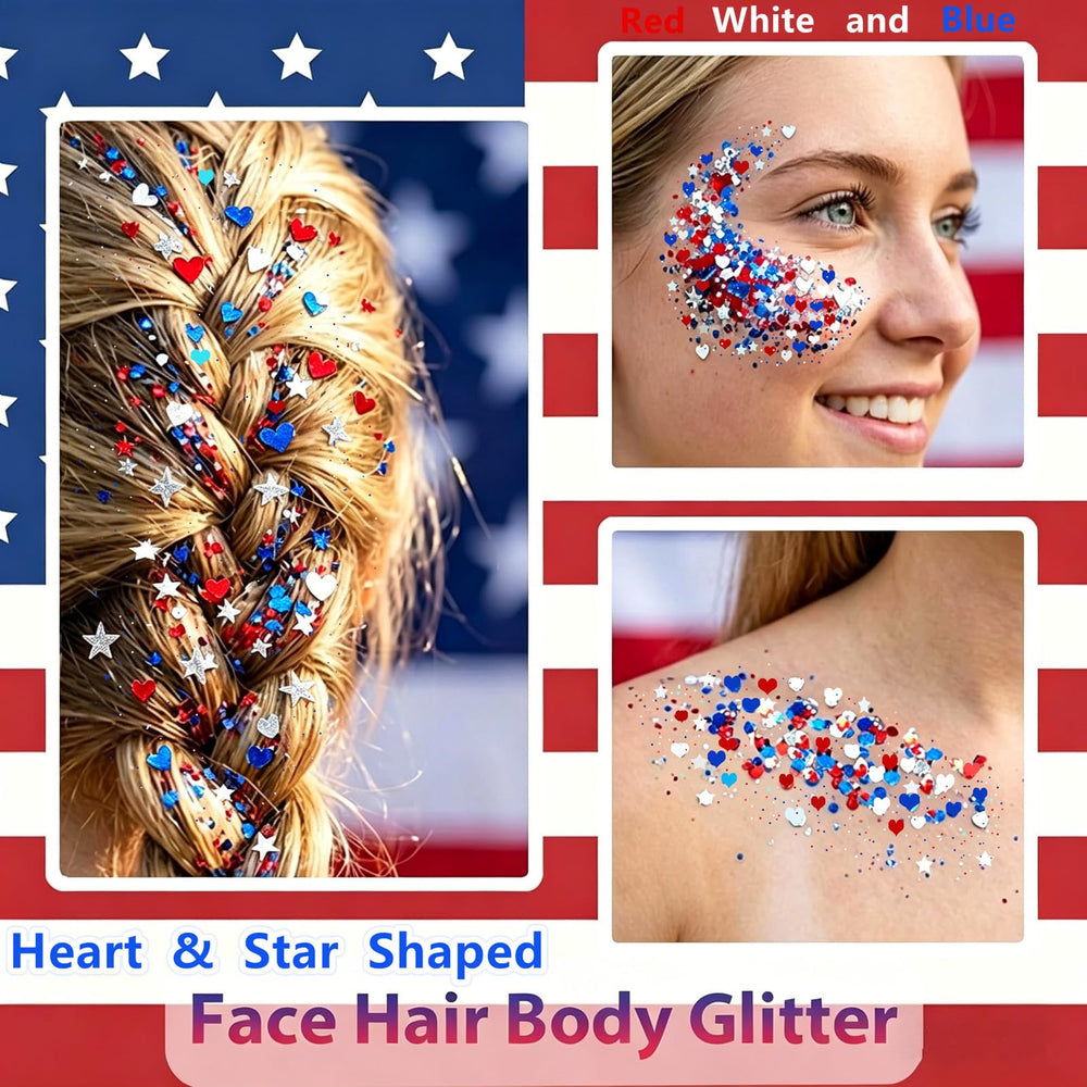 Go Ho close-up of red white blue holographic sequins showing texture and reflective sparkle