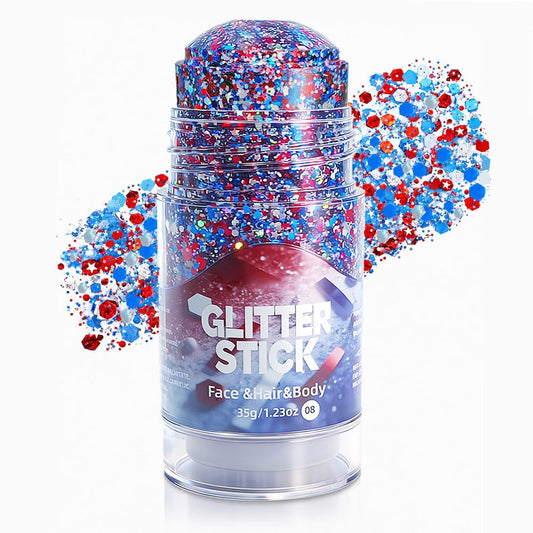 Go Ho glitter stick front packaging showing red white blue sparkles and convenience