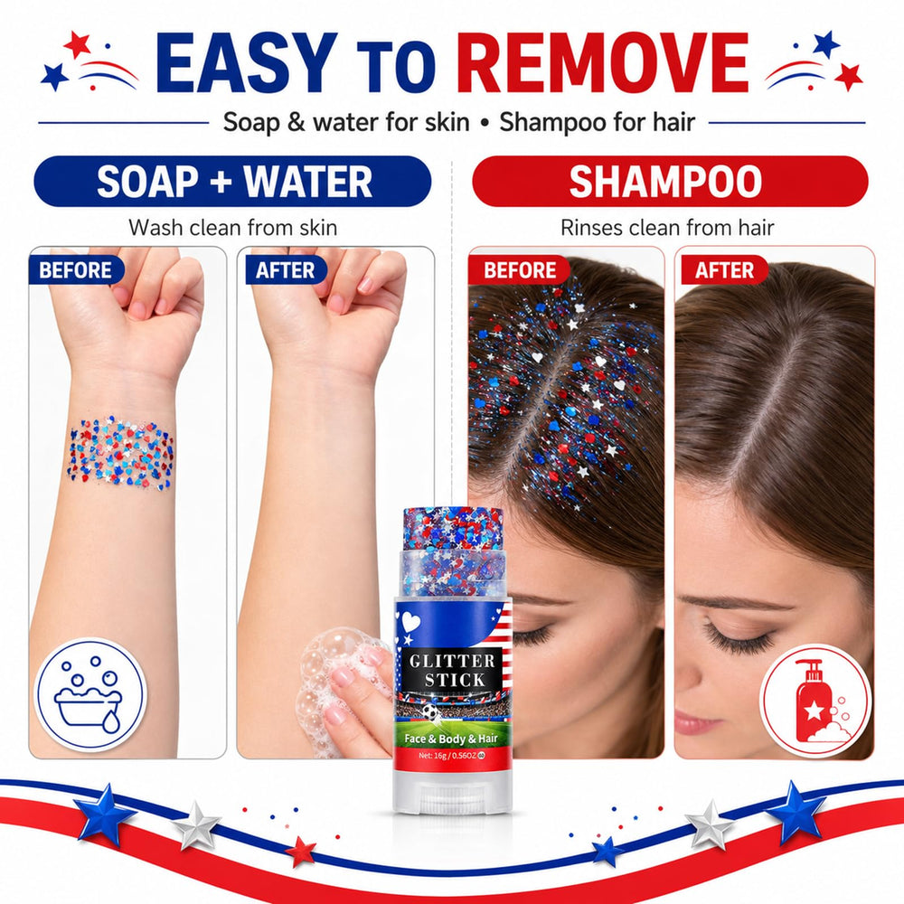 Go Ho glitter on hair roots creating sparkly patriotic braid highlights