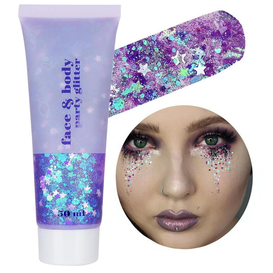 Go Ho jar front view showing purple glitter gel and clear label benefit